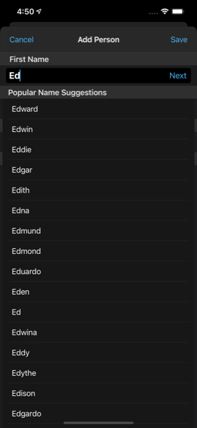Add Person screen with popular name suggestions as you type