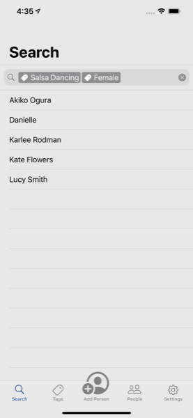 Search screen filtered by Salsa Dancing and Female tags