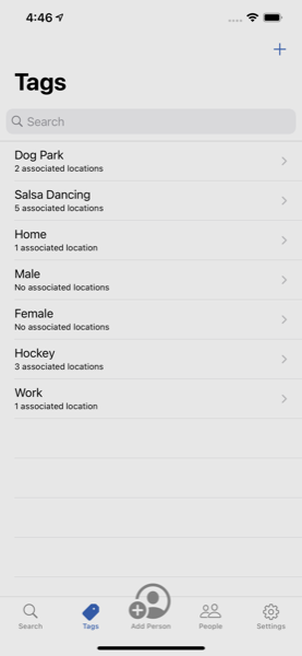 Bename Tags screen showing Dog Park, Salsa Dancing, Hockey, Work and more